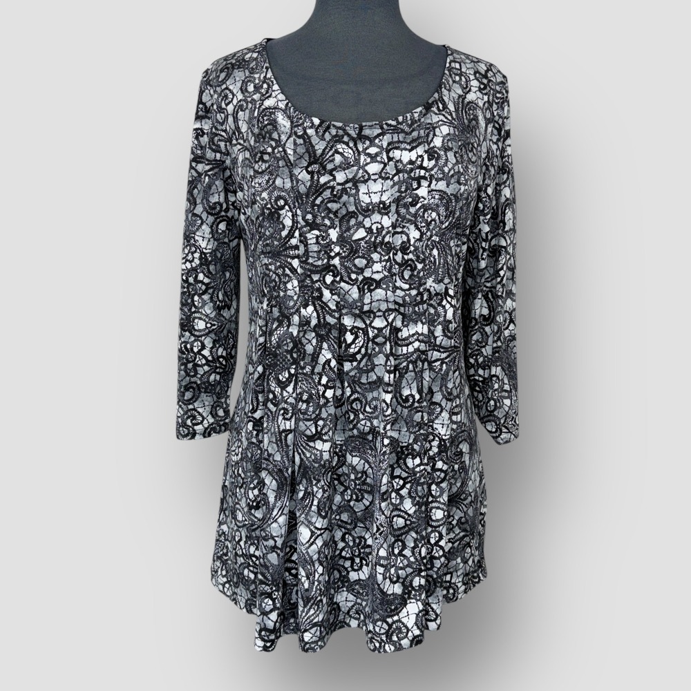 Nina Leonard M Scoop Neck Lace Mesh Overlay Gray Black Scroll Swing Tunic Top